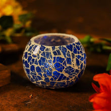 Load image into Gallery viewer, Cerulean Blue Crackled Glass T-light Holder Lamp
