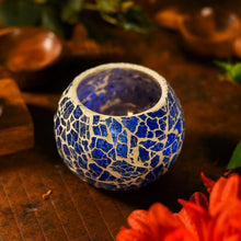 Load image into Gallery viewer, Cerulean Blue Crackled Glass T-light Holder Lamp
