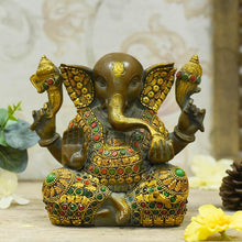 Load image into Gallery viewer, Exquisite Stone Work Brass Ganesh Idol
