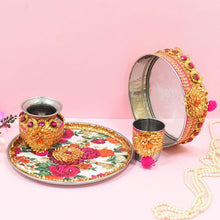 Load image into Gallery viewer, Golden Floral Karwa Chauth Thali Set
