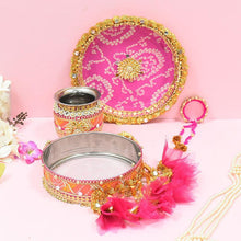 Load image into Gallery viewer, Rani &amp; Peach Jaipuri Karwa Chauth Thali Set

