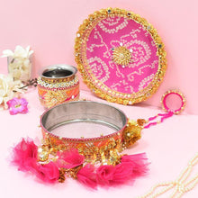Load image into Gallery viewer, Rani &amp; Peach Jaipuri Karwa Chauth Thali Set
