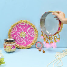 Load image into Gallery viewer, Light Pink &amp; Rani Gota Karwa Chauth Thali Set
