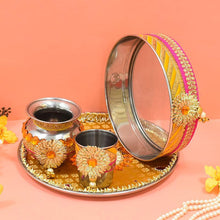 Load image into Gallery viewer, Eye-Catching Golden Pink Karwa Chauth Thali Set
