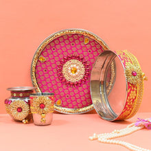Load image into Gallery viewer, Brocade Pink &amp; Yellow Karwa Chauth Thali Set
