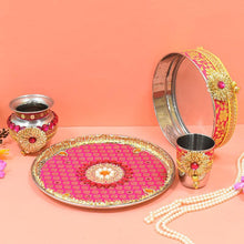 Load image into Gallery viewer, Brocade Pink &amp; Yellow Karwa Chauth Thali Set
