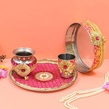 Load image into Gallery viewer, Brocade Pink &amp; Yellow Karwa Chauth Thali Set

