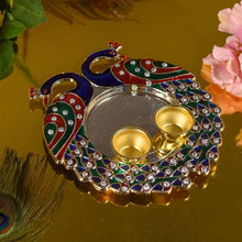 Load image into Gallery viewer, Pretty Minakari Peacock Pooja Platter with Two Bowls
