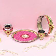 Load image into Gallery viewer, Pink Floral Gotta Patti Karwa Chauth Thali Set
