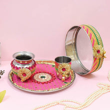 Load image into Gallery viewer, Pink Floral Gotta Patti Karwa Chauth Thali Set
