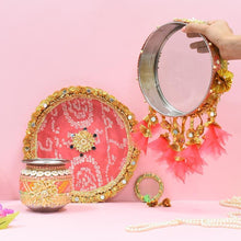 Load image into Gallery viewer, Mint &amp; Peach Jaipuri Karwa Chauth Thali Set
