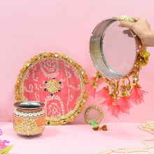 Load image into Gallery viewer, Mint &amp; Peach Jaipuri Karwa Chauth Thali Set
