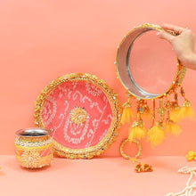 Load image into Gallery viewer, Peach &amp; Yellow Bandhani Karwa Chauth Thali Set
