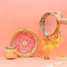 Load image into Gallery viewer, Peach &amp; Yellow Bandhani Karwa Chauth Thali Set
