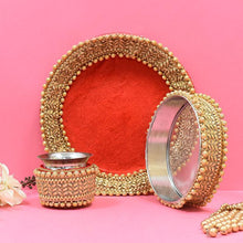 Load image into Gallery viewer, Embellished Red Velvet Karwa Chauth Thali Set
