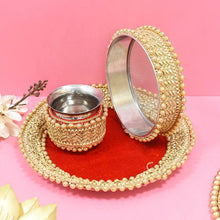 Load image into Gallery viewer, Embellished Red Velvet Karwa Chauth Thali Set
