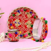 Load image into Gallery viewer, Colourful Embroided Red Karwa Chauth Thali Set
