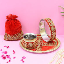 Load image into Gallery viewer, Vibrant Red Golden Embroidery Karwa Chauth Thali set With Potli

