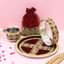Load image into Gallery viewer, Velvet Maroon Golden Embroidery Karwa Chauth Thali set With Potli
