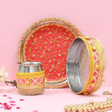 Load image into Gallery viewer, Peach &amp; Yellow Glimmer Karwa Chauth Thali Set
