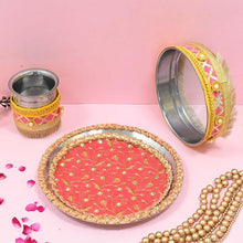 Load image into Gallery viewer, Peach &amp; Yellow Glimmer Karwa Chauth Thali Set
