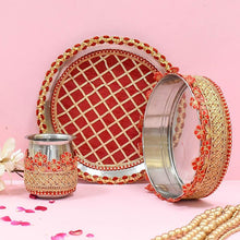 Load image into Gallery viewer, Ruby Red Embroided Karwa Chauth Thali Set
