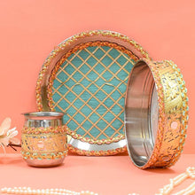 Load image into Gallery viewer, Lush Blue &amp; Gold Karwa Chauth Thali Set
