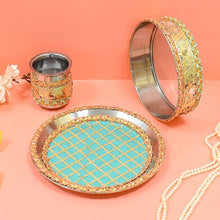 Load image into Gallery viewer, Lush Blue &amp; Gold Karwa Chauth Thali Set

