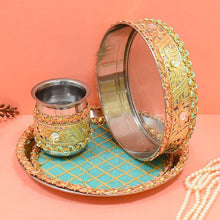 Load image into Gallery viewer, Lush Blue &amp; Gold Karwa Chauth Thali Set
