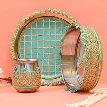 Load image into Gallery viewer, Mint Blue &amp; Golden Lace Karwa Chauth Thali Set
