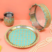 Load image into Gallery viewer, Mint Blue &amp; Golden Lace Karwa Chauth Thali Set
