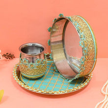 Load image into Gallery viewer, Mint Blue &amp; Golden Lace Karwa Chauth Thali Set
