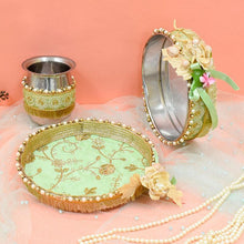 Load image into Gallery viewer, Gorgeous Green Floral Beaded Karwa Chauth Thali Set
