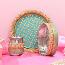 Load image into Gallery viewer, Dazzling Blue &amp; Peach Karwa Chauth Thali Set

