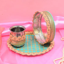 Load image into Gallery viewer, Dazzling Blue &amp; Peach Karwa Chauth Thali Set
