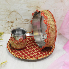 Load image into Gallery viewer, Ruby Red Embroided Karwa Chauth Thali Set
