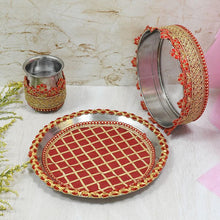 Load image into Gallery viewer, Ruby Red Embroided Karwa Chauth Thali Set
