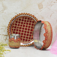Load image into Gallery viewer, Ruby Red Embroided Karwa Chauth Thali Set
