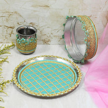 Load image into Gallery viewer, Mint Blue &amp; Golden Lace Karwa Chauth Thali Set
