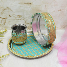Load image into Gallery viewer, Mint Blue &amp; Golden Lace Karwa Chauth Thali Set
