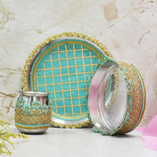 Load image into Gallery viewer, Mint Blue &amp; Golden Lace Karwa Chauth Thali Set
