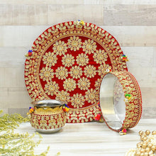 Load image into Gallery viewer, Rich Red Embroided Karwa Chauth Thali Set
