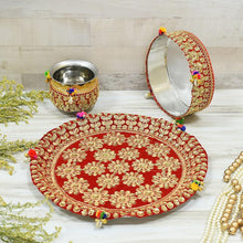 Load image into Gallery viewer, Rich Red Embroided Karwa Chauth Thali Set
