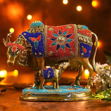 Load image into Gallery viewer, Decorative Colourful Kamdhenu with Calf Idol (Brass)
