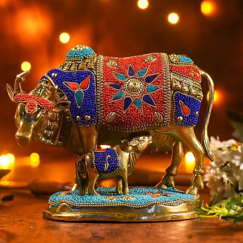 Decorative Colourful Kamdhenu with Calf Idol (Brass)