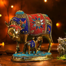 Load image into Gallery viewer, Decorative Colourful Kamdhenu with Calf Idol (Brass)

