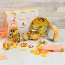 Load image into Gallery viewer, Festive Yellow Floral Bridal Pooja Box (Set of 12)
