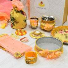 Load image into Gallery viewer, Festive Yellow Floral Bridal Pooja Box (Set of 12)

