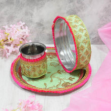 Load image into Gallery viewer, Mint &amp; Pink Embroided Karwa Chauth Thali Set
