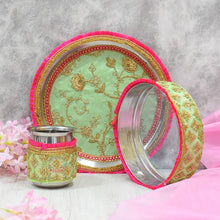 Load image into Gallery viewer, Mint &amp; Pink Embroided Karwa Chauth Thali Set
